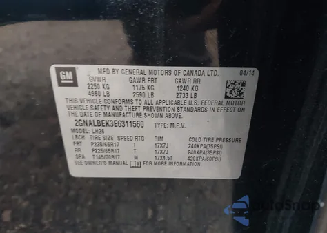 2014 Chevrolet Equinox 1Lt from USA, damaged, VIN 2GNALBEK3E6311560